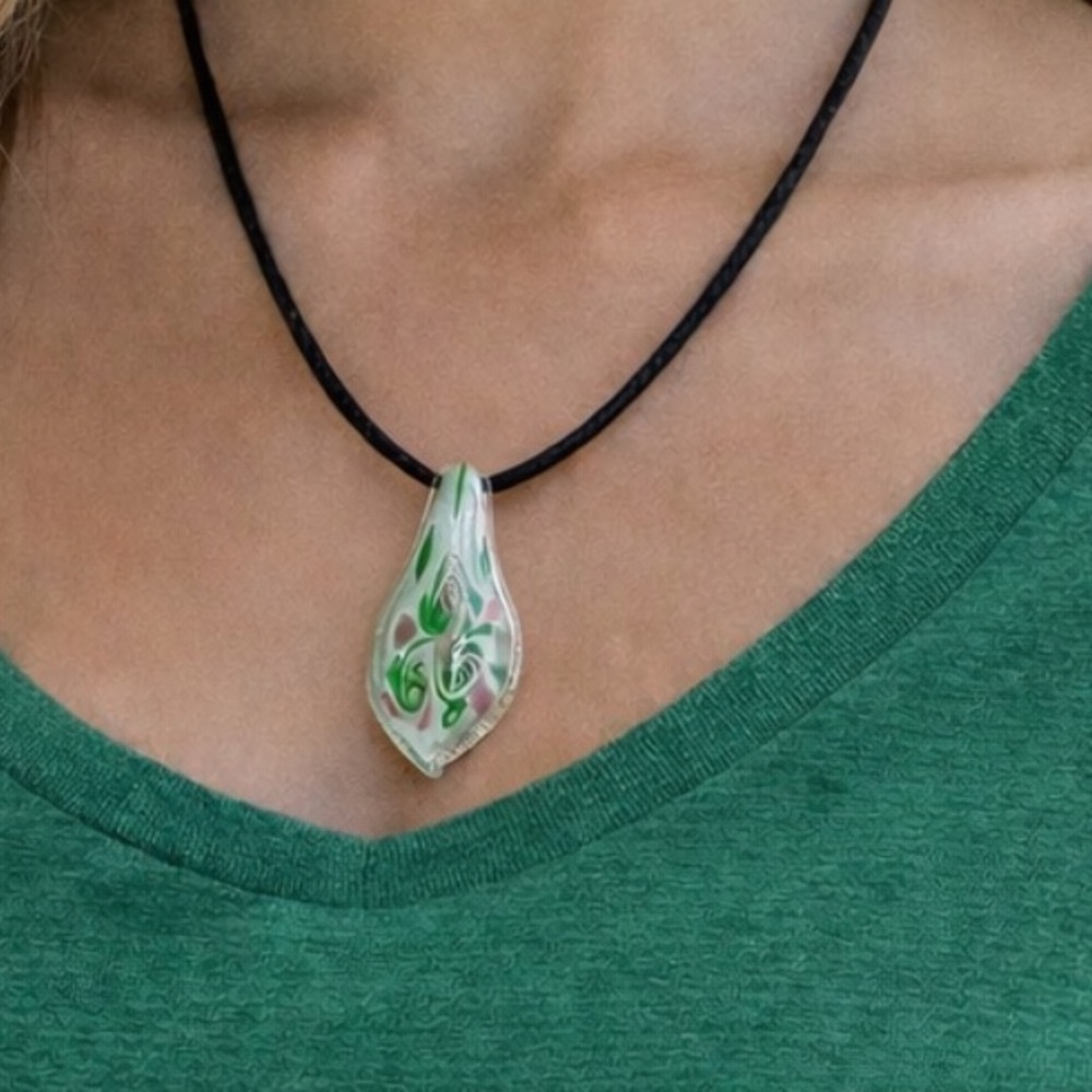 Hand Blown Art Glass Necklace on Leather Cord